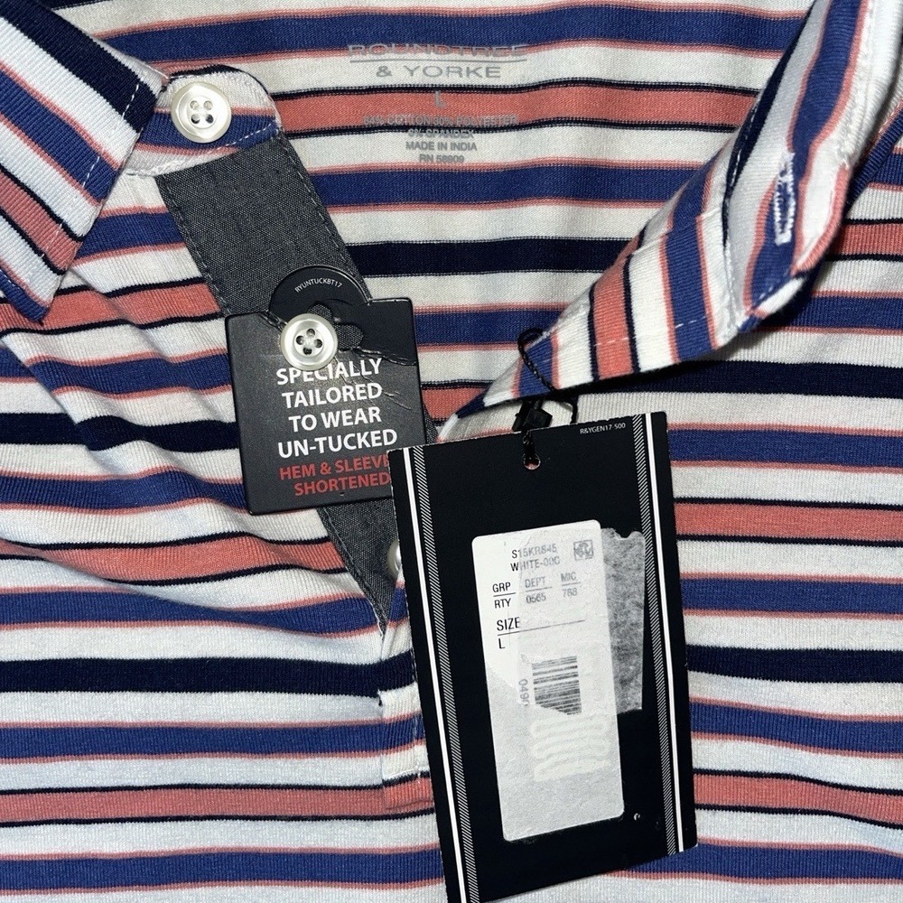 NWT Roundtree & Yorke Men's Shirt Untucked Knit Polo Blue‎ & Peach Stripe Large